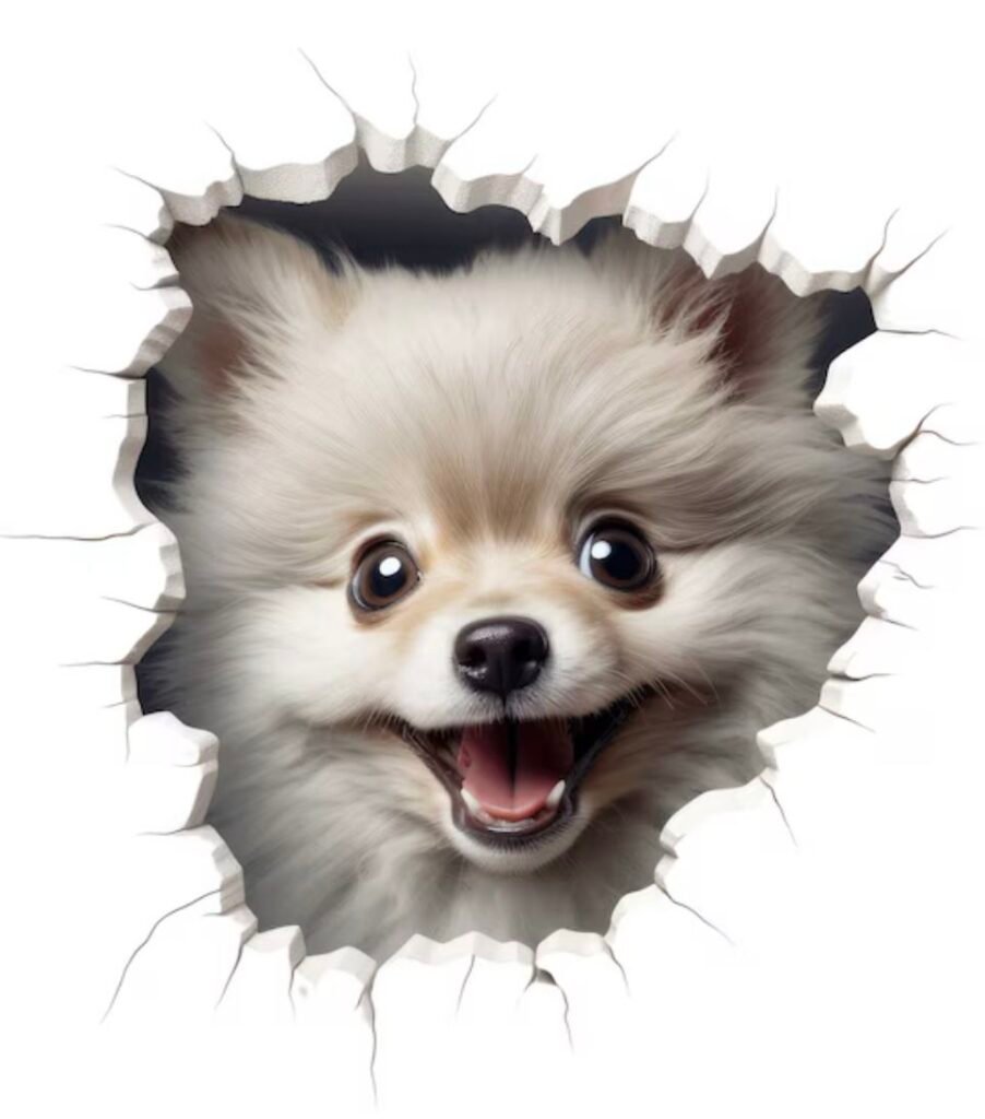 White Pomeranian peeking through a torn paper hole.