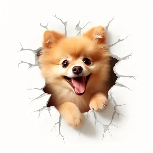 Golden Pomeranian peeking through a cracked wall illustration.