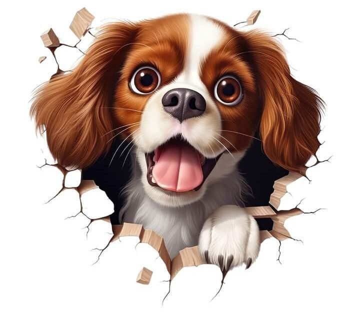 Cavalier King Charles Spaniel peeking through a cracked wall illustration.