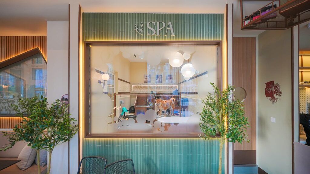 Pet spa entrance with teal paneling, glass window, and small trees flanking the doorway.