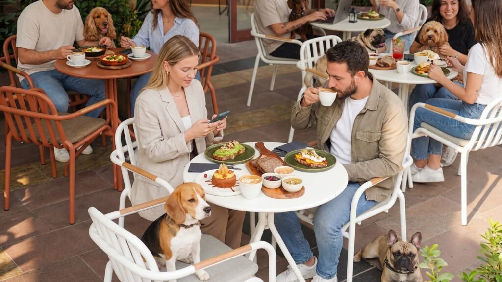 Couple dining outdoors with a Beagle at a Pawdy Neighbors Boulevard patio table.