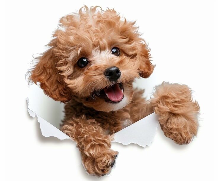Fluffy brown toy poodle peeking through a torn paper hole.