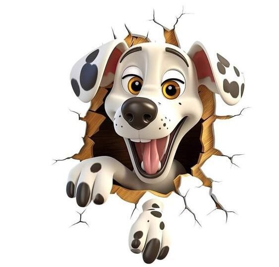 Cartoon Dalmatian puppy bursting through a cracked wall illustration.