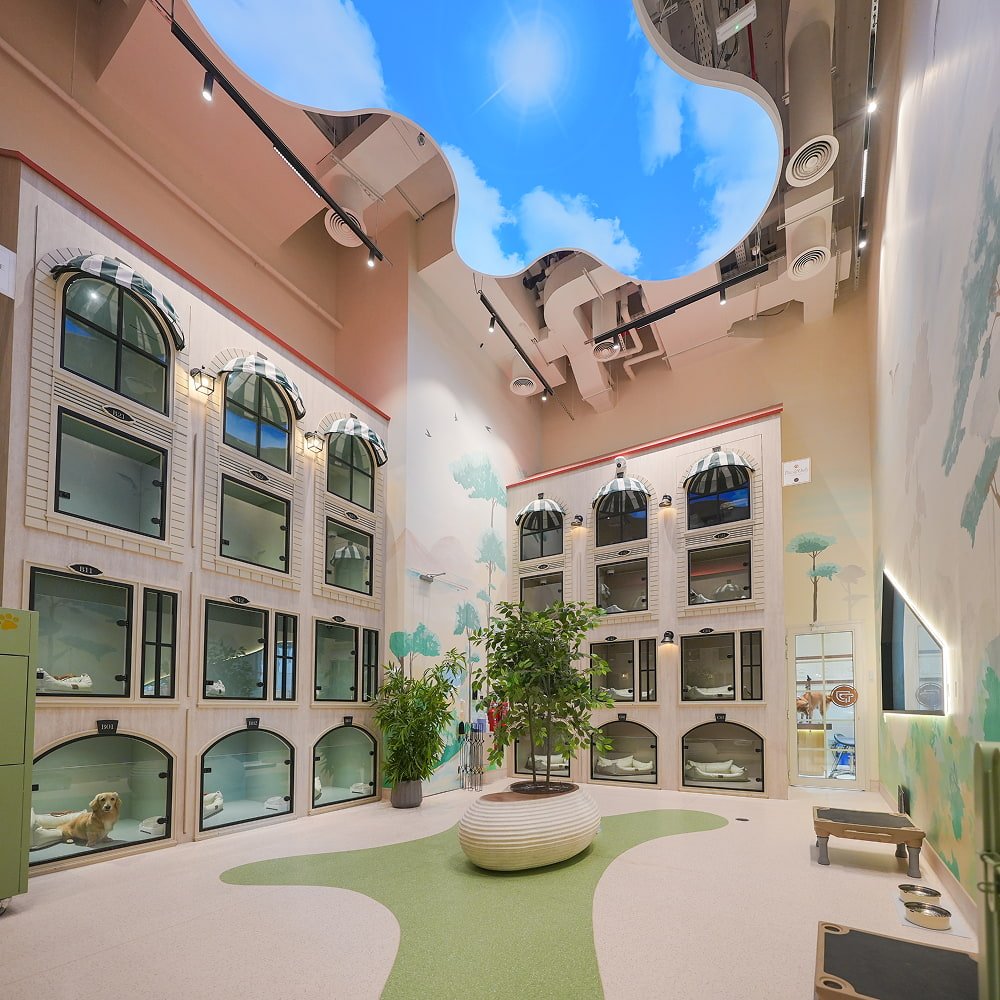 Spacious pet hotel interior with arched kennels, sky mural ceiling, and indoor plants.