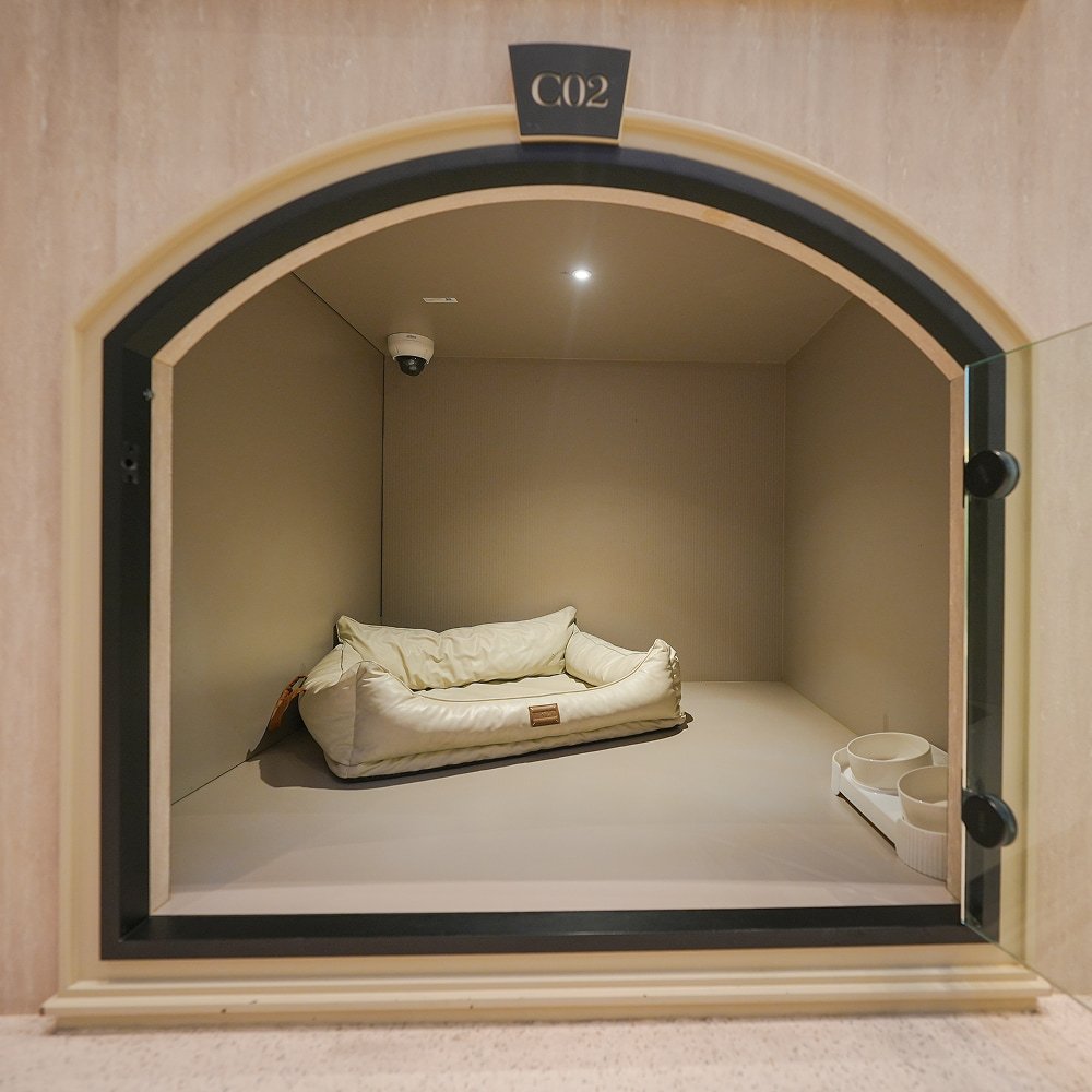 Cozy individual pet suite with an arched doorway and a cushioned bed inside.