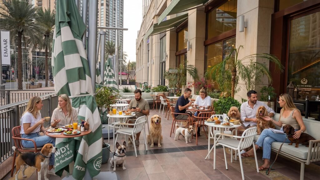 Pet owners dining with their dogs at a shaded outdoor café terrace with green-striped umbrellas.